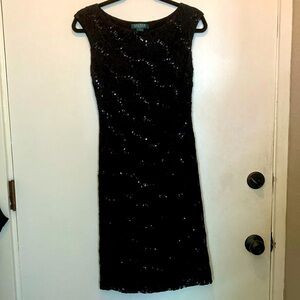 Lauren Ralph Lauren dress black lace sequin lined shirred waist sexy formal 2
